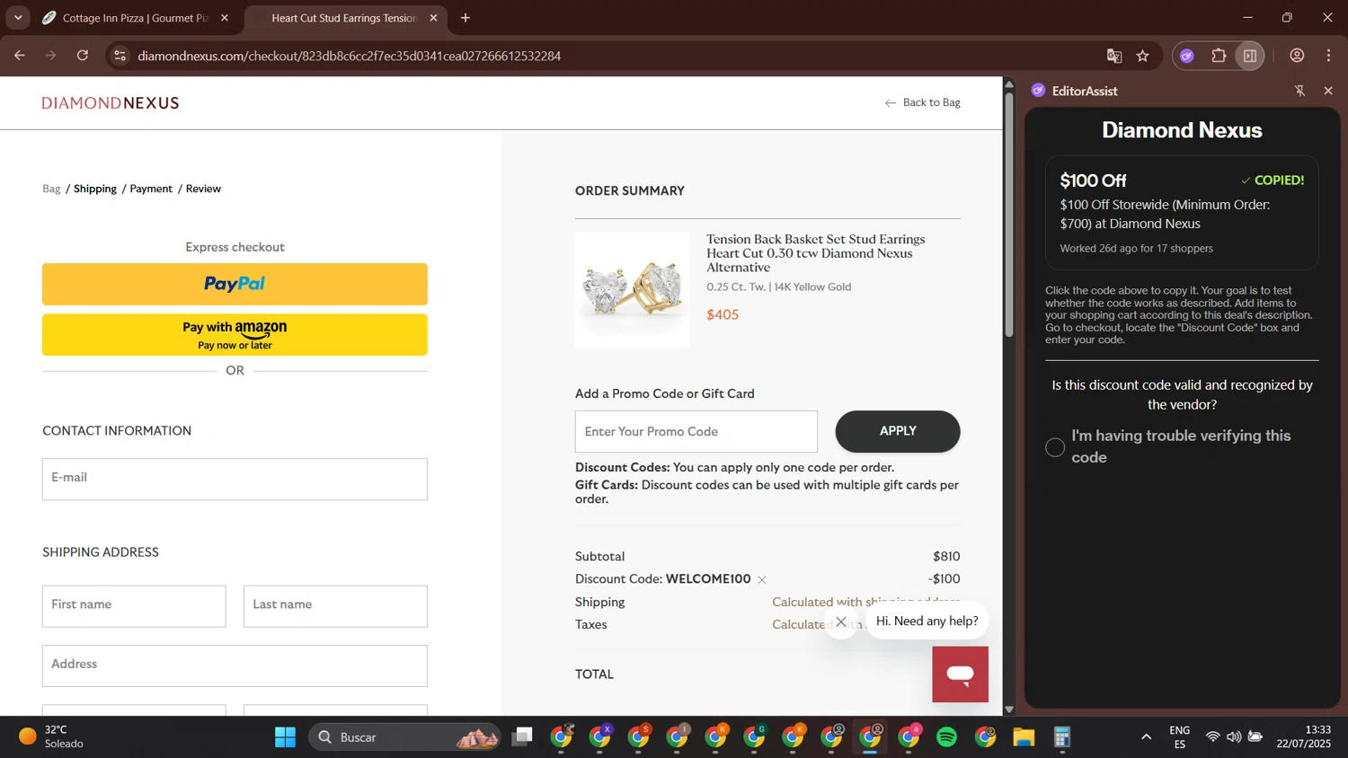 Diamond Nexus discount code screenshot showing code WELCOME100 applied at Diamond Nexus checkout page. Uploaded by SimplyCodes community member CiegoEsmeet on Jul 22, 2025