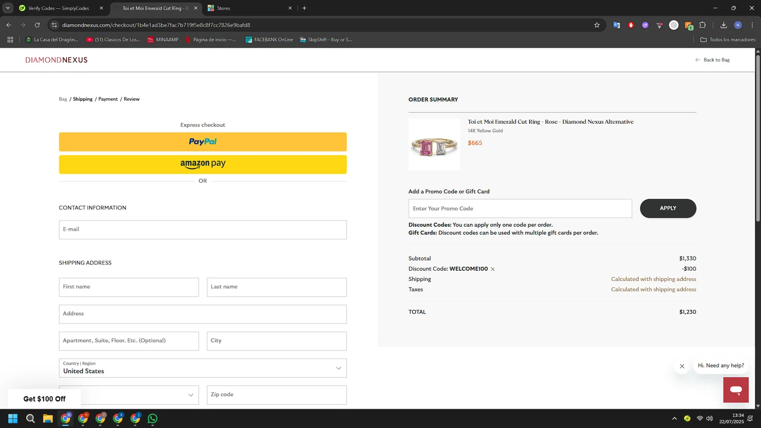 Diamond Nexus discount code screenshot showing code WELCOME100 applied at Diamond Nexus checkout page. Uploaded by SimplyCodes community member RoyalGuardian2978 on Jul 22, 2025