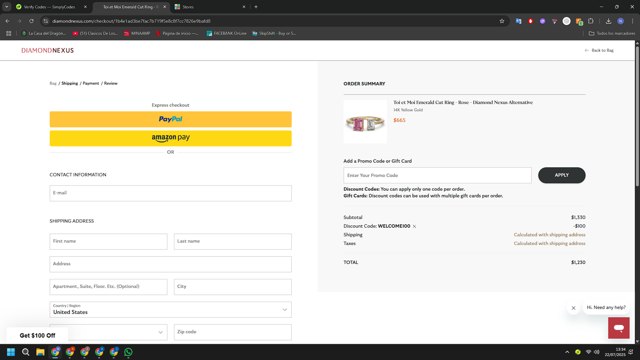 Diamond Nexus checkout page showing Diamond Nexus discount code box | Screenshot taken by SimplyCodes community member on Jul 22, 2025