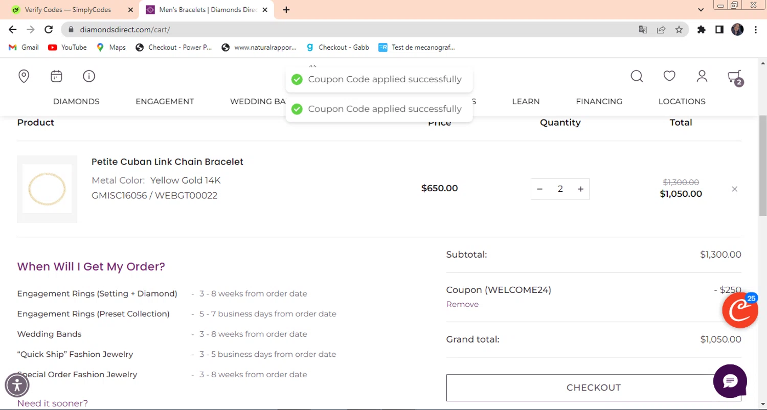 Diamonds Direct checkout page showing Diamonds Direct coupon code box | Screenshot taken by SimplyCodes community member on Jun 12, 2024