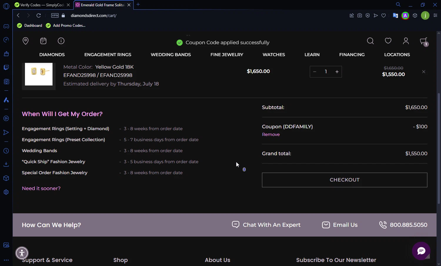 Diamonds Direct checkout page showing Diamonds Direct coupon code box | Screenshot taken by SimplyCodes community member on Jul 11, 2024