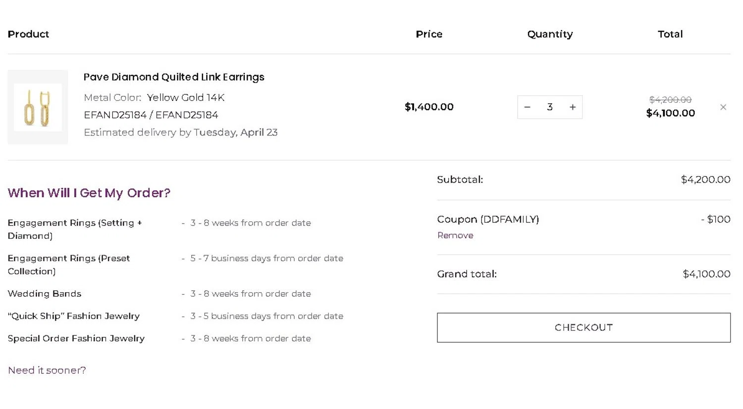 Diamonds Direct checkout page showing Diamonds Direct coupon code box | Screenshot taken by SimplyCodes community member on Apr 15, 2024