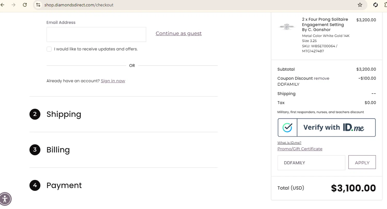 Diamonds Direct checkout page showing Diamonds Direct coupon code box | Screenshot taken by SimplyCodes community member on Aug 9, 2024