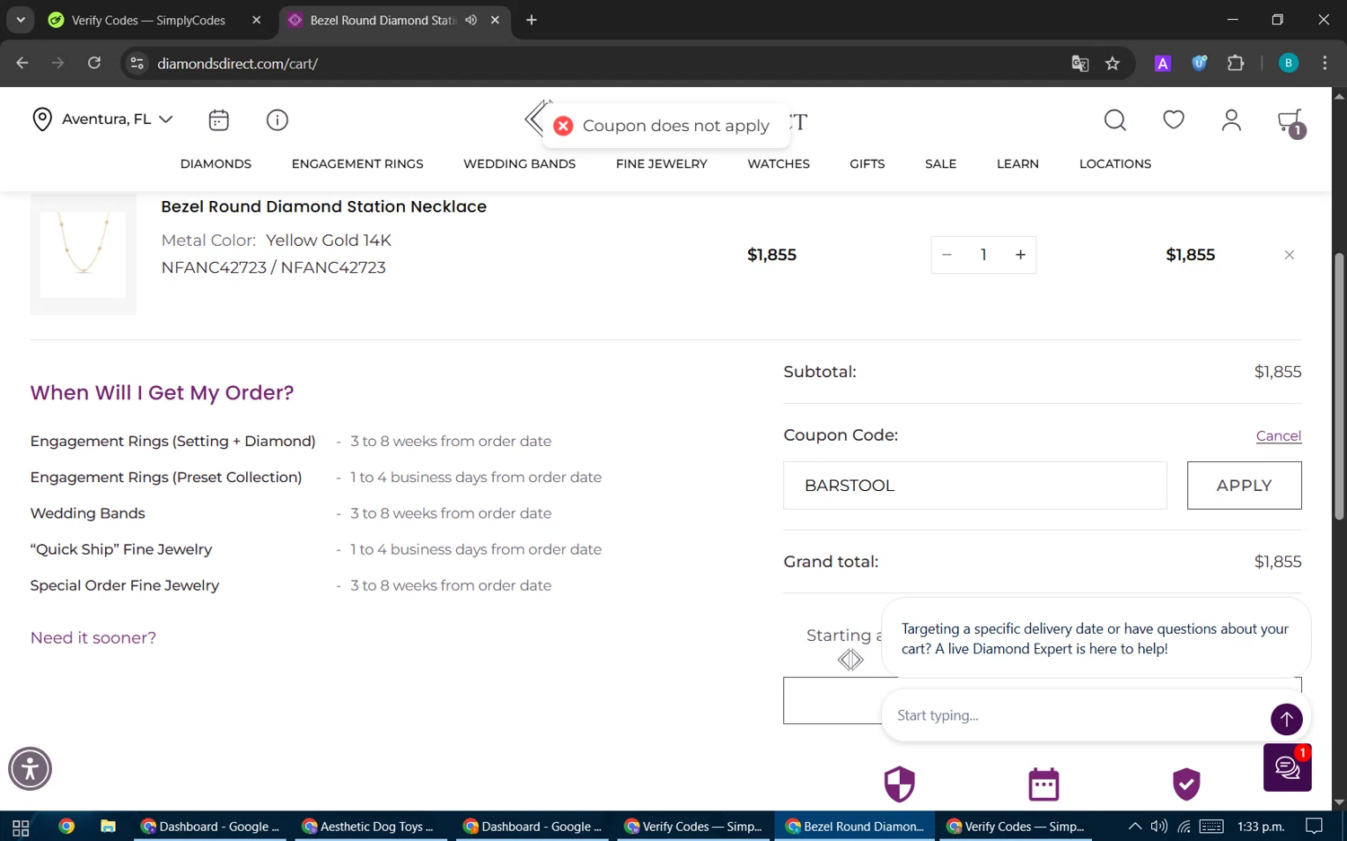Diamonds Direct coupon code screenshot showing code BARSTOOL applied at Diamonds Direct checkout page. Uploaded by SimplyCodes community member CleverPilot5845 on Nov 10, 2025