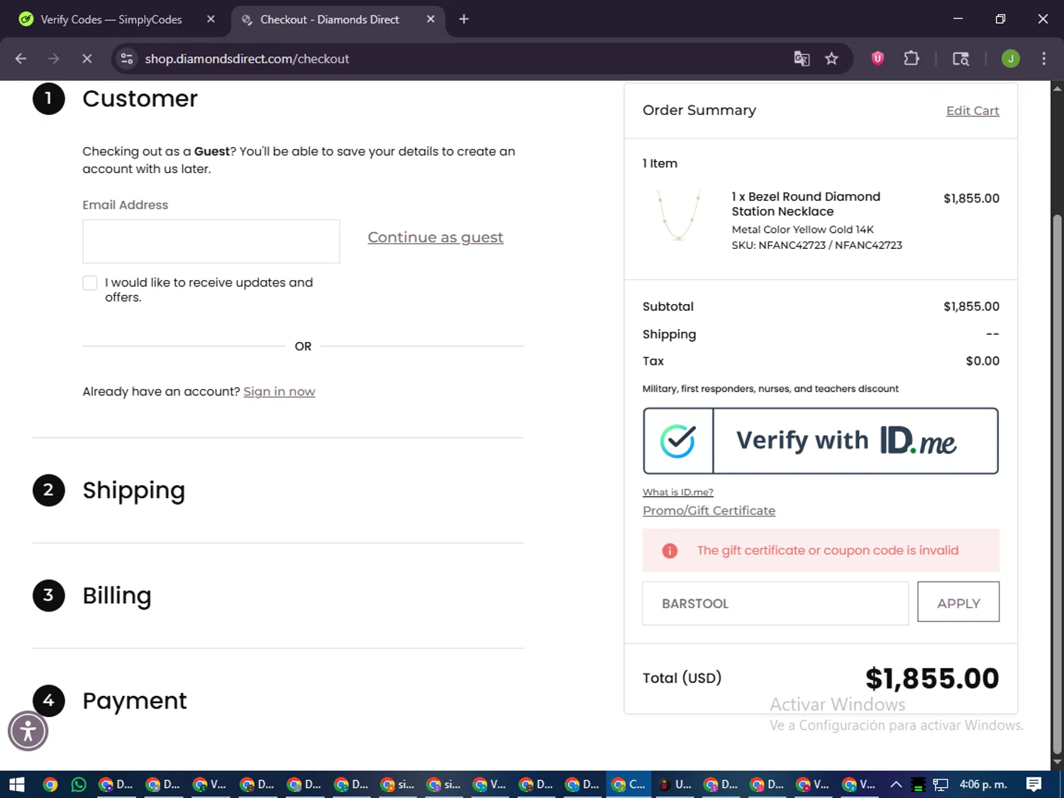 Diamonds Direct coupon code screenshot showing code BARSTOOL applied at Diamonds Direct checkout page. Uploaded by SimplyCodes community member LilBaby on Nov 10, 2025