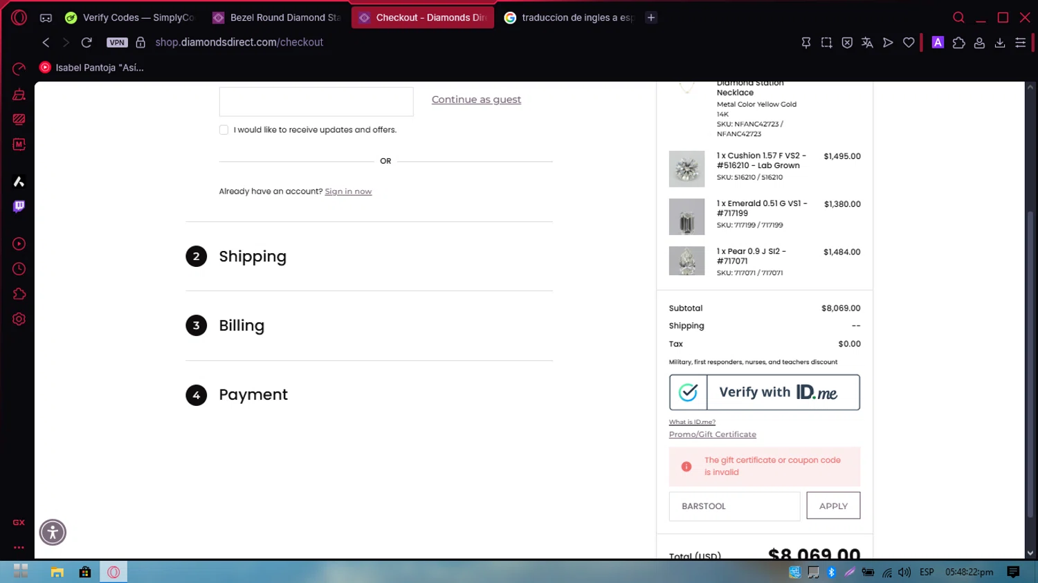 Diamonds Direct coupon code screenshot showing code BARSTOOL applied at Diamonds Direct checkout page. Uploaded by SimplyCodes community member PennySpotter2417 on Nov 10, 2025