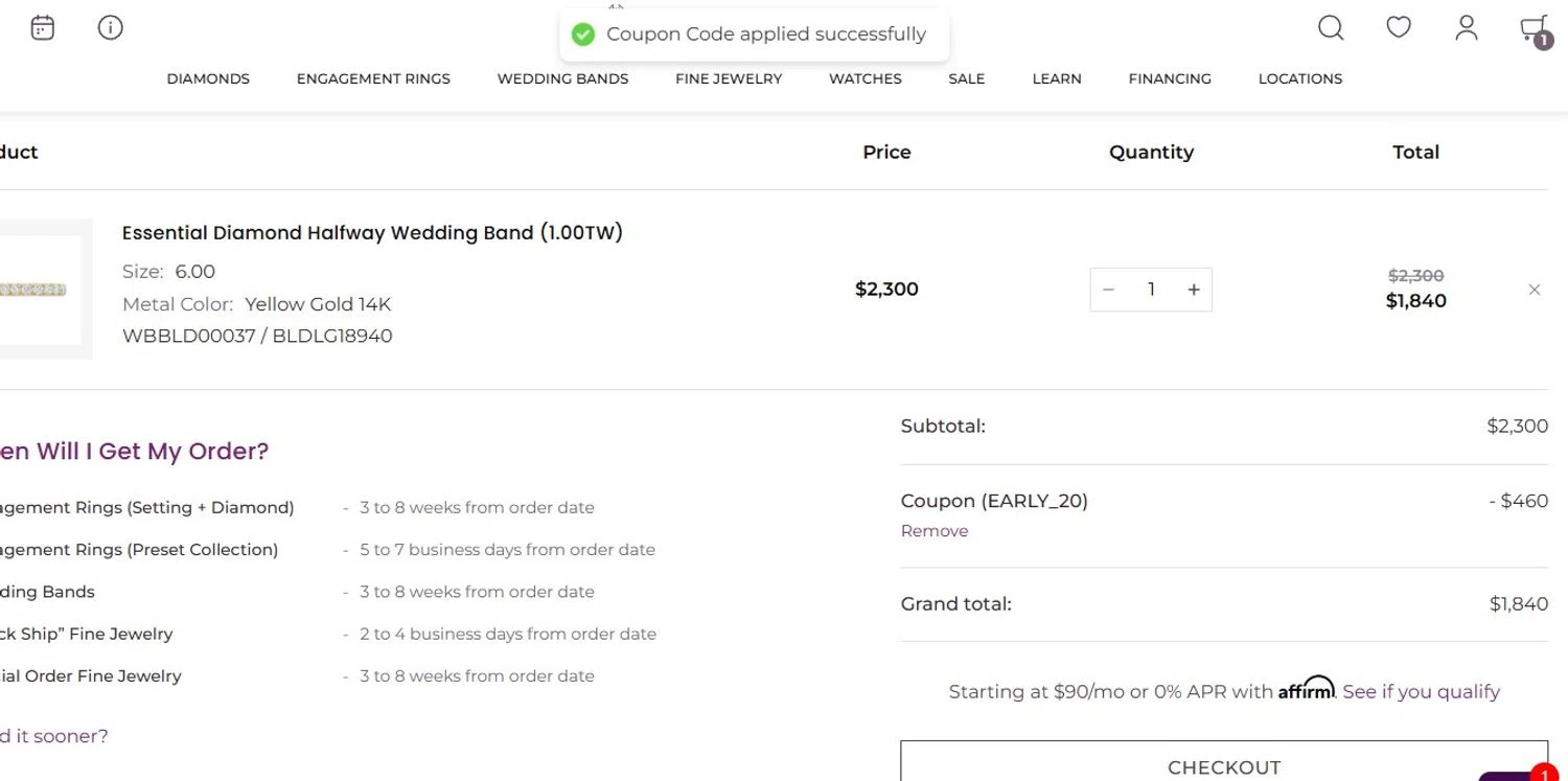 Diamonds Direct coupon code screenshot showing code EARLY_20 applied at Diamonds Direct checkout page. Uploaded by SimplyCodes community member Olorinnnnn on Apr 20, 2025