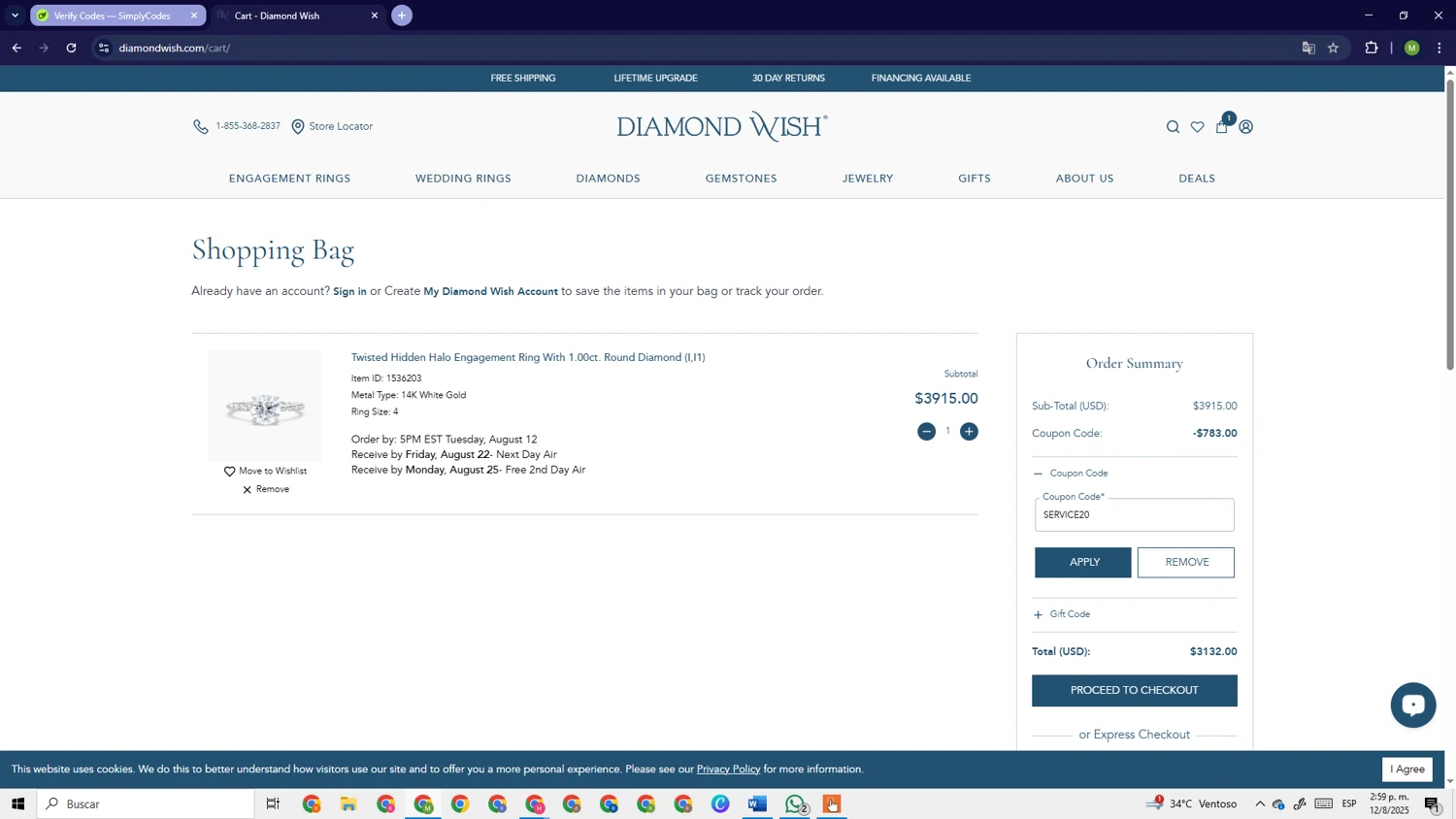 Diamond Wish promo code screenshot showing code SERVICE20 applied at Diamond Wish checkout page. Uploaded by SimplyCodes community member PrimeSage6924 on Aug 12, 2025