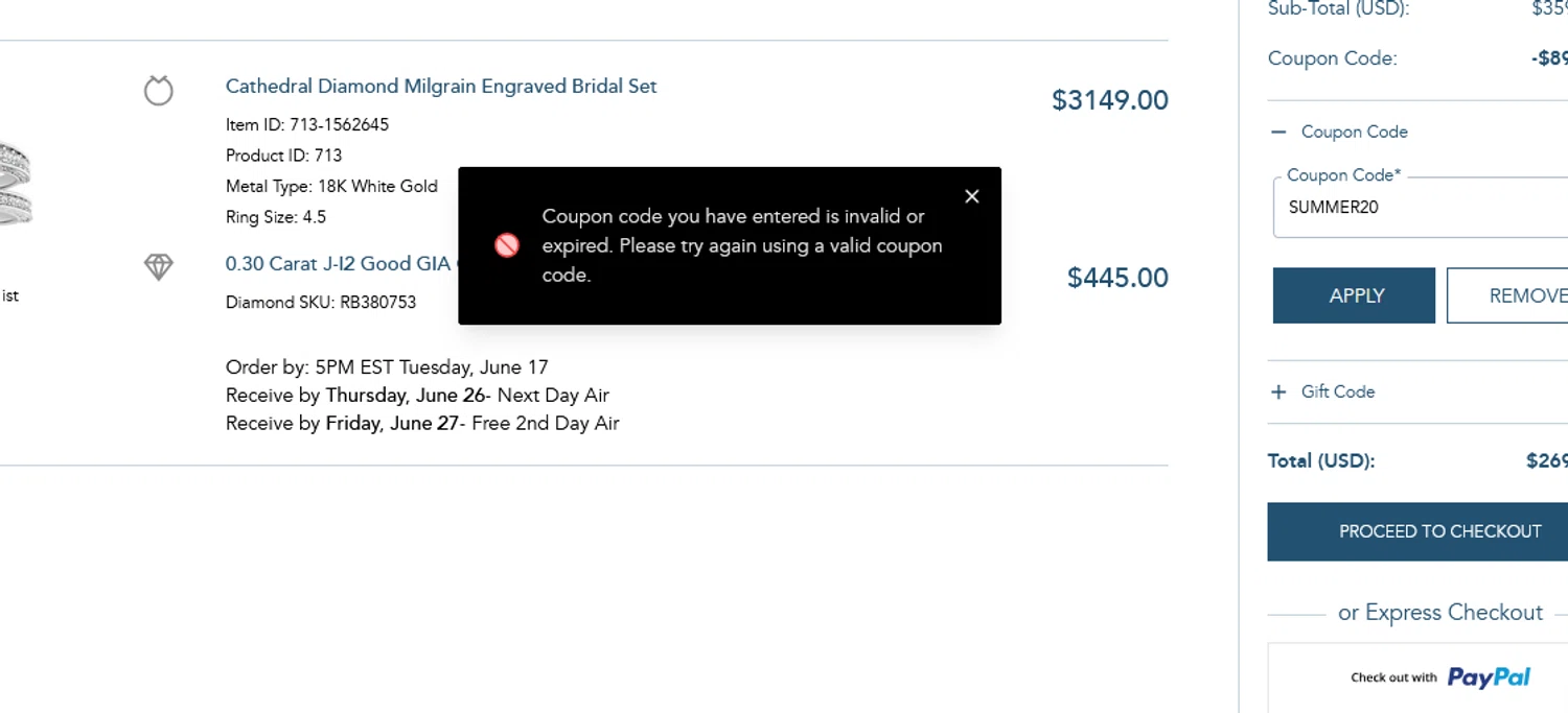 Diamond Wish promo code screenshot showing code SUMMER20 applied at Diamond Wish checkout page. Uploaded by SimplyCodes community member CRYSTALSUICINE on Jun 17, 2025