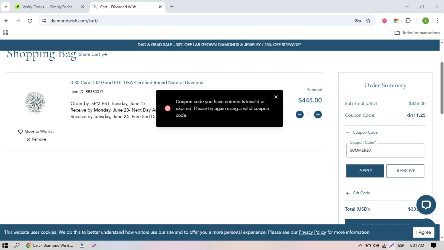 Diamond Wish promo code screenshot showing code SUMMER20 applied at Diamond Wish checkout page. Uploaded by SimplyCodes community member nicolasquevedo on Jun 17, 2025