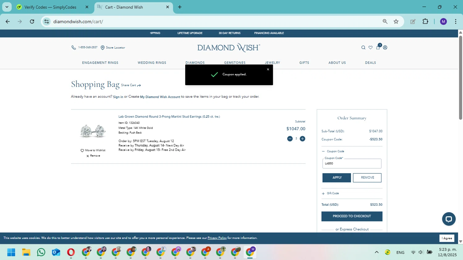 Diamond Wish promo code screenshot showing code LAB50 applied at Diamond Wish checkout page. Uploaded by SimplyCodes community member Fundolaroca on Aug 12, 2025