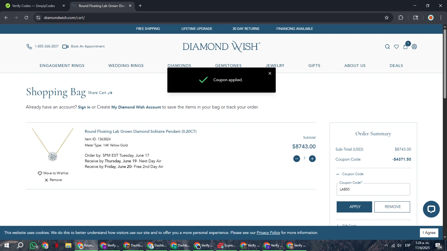 Diamond Wish checkout page showing Diamond Wish promo code box | Screenshot taken by SimplyCodes community member on Jun 17, 2025