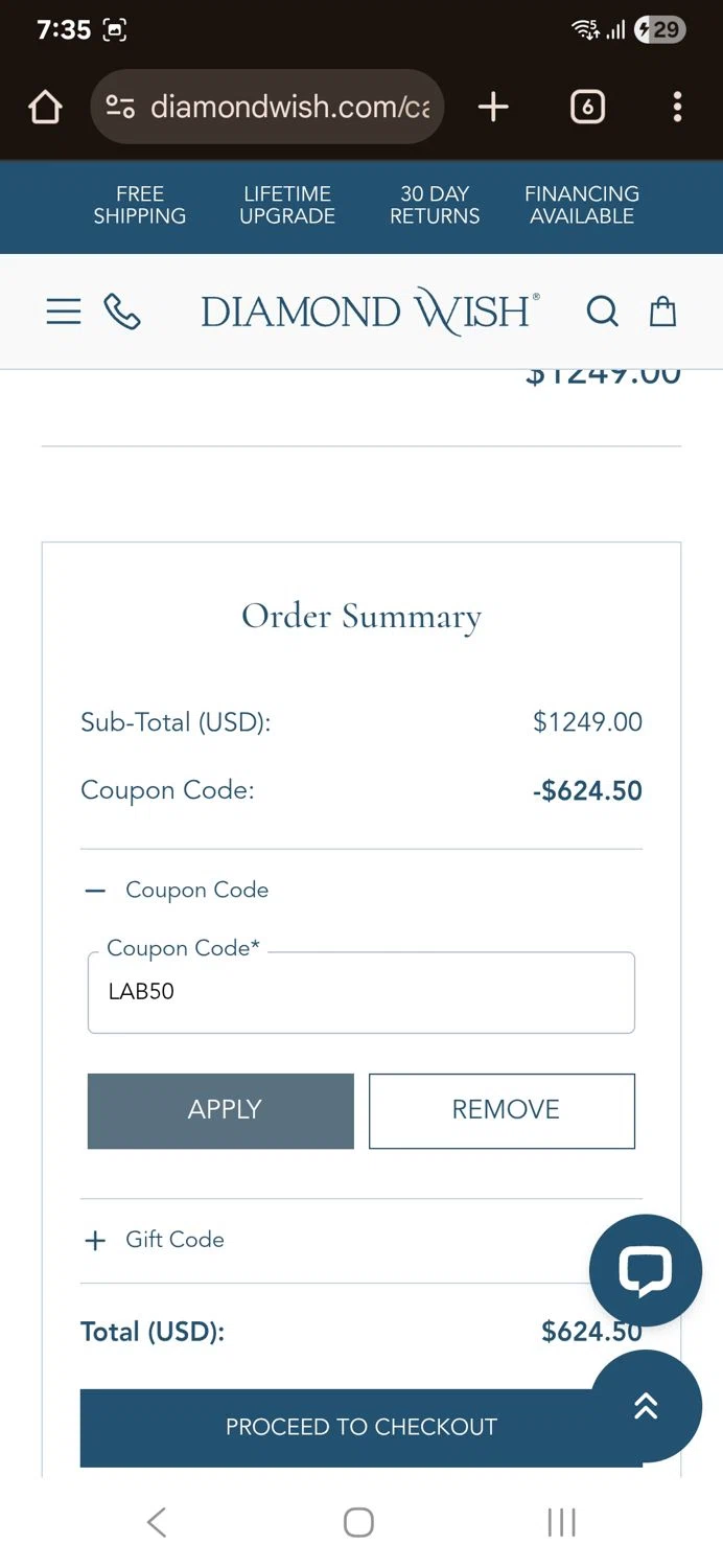 Diamond Wish checkout page showing Diamond Wish promo code box | Screenshot taken by SimplyCodes community member on Jun 24, 2025