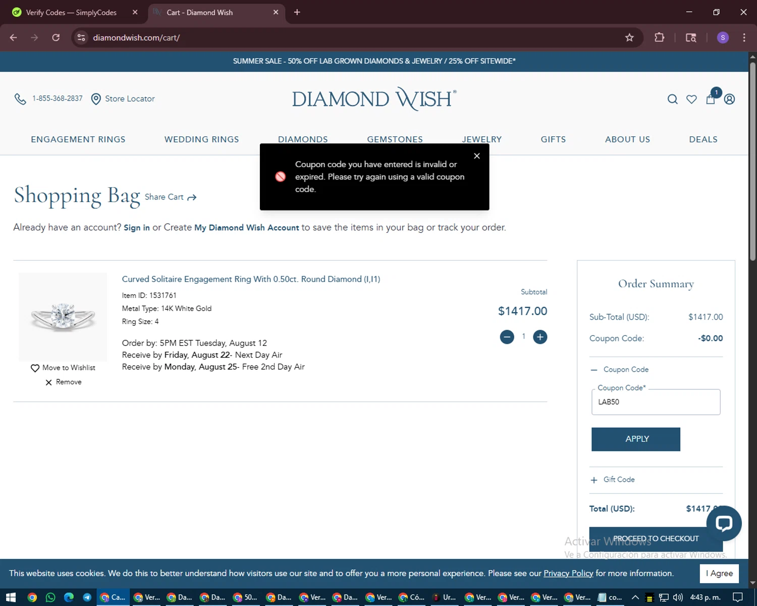 Diamond Wish promo code screenshot showing code LAB50 applied at Diamond Wish checkout page. Uploaded by SimplyCodes community member LuckyVoyager688 on Aug 12, 2025
