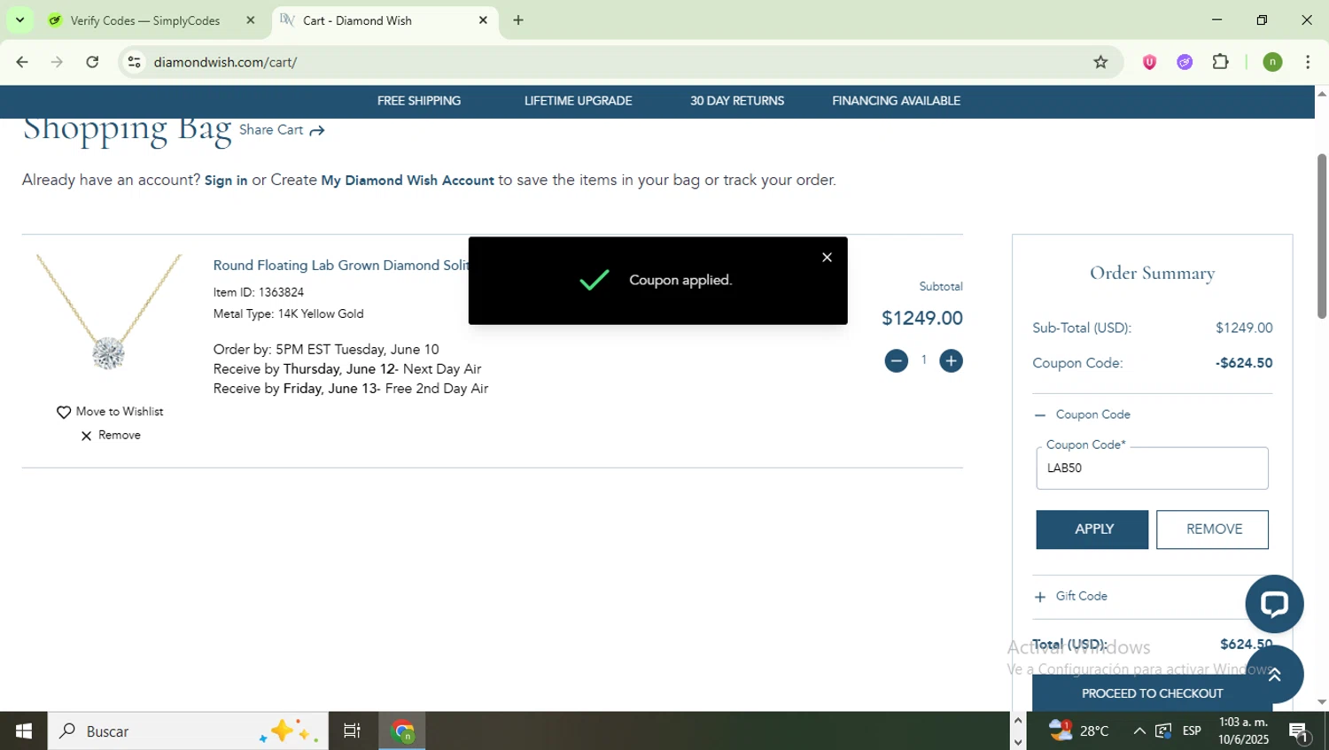 Diamond Wish checkout page showing Diamond Wish promo code box | Screenshot taken by SimplyCodes community member on Jun 10, 2025