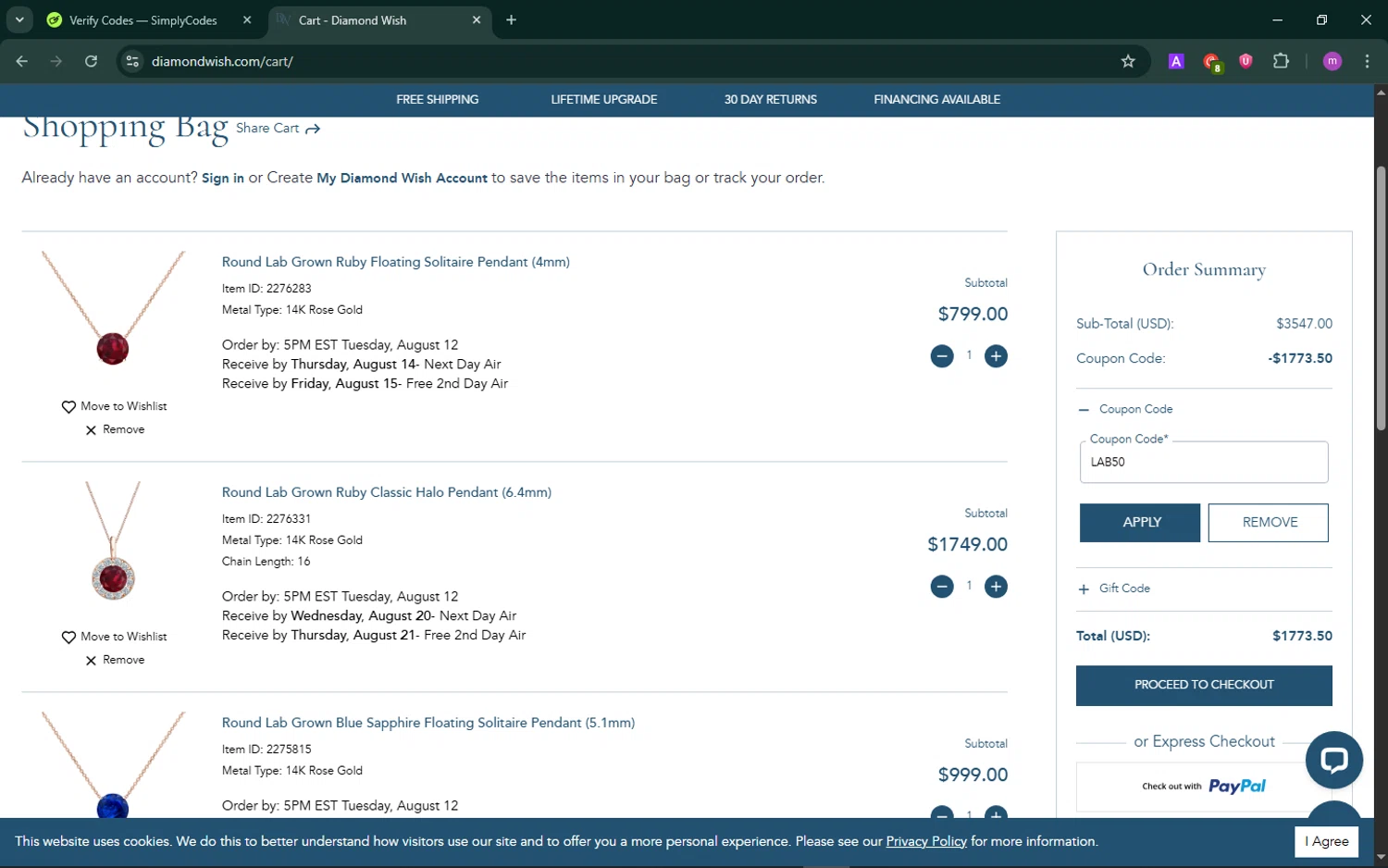 Diamond Wish promo code screenshot showing code LAB50 applied at Diamond Wish checkout page. Uploaded by SimplyCodes community member TokenChaser4876 on Aug 12, 2025