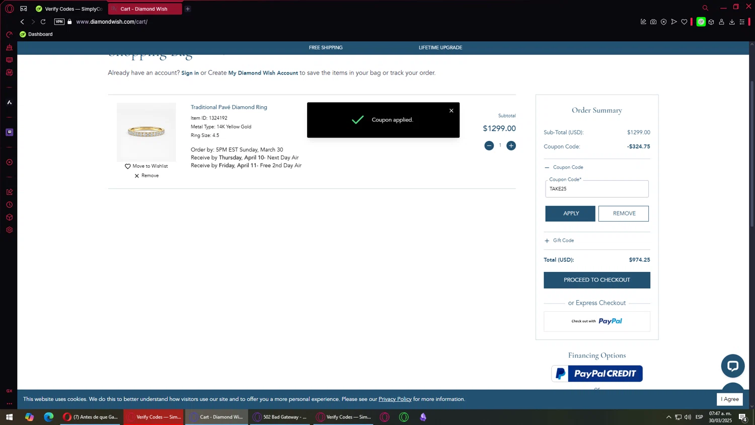 Diamond Wish promo code screenshot showing code TAKE25 applied at Diamond Wish checkout page. Uploaded by SimplyCodes community member CuponEscobar on Mar 30, 2025