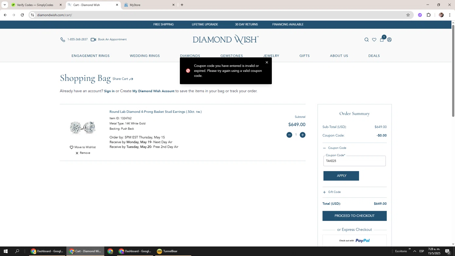 Diamond Wish promo code screenshot showing code TAKE25 applied at Diamond Wish checkout page. Uploaded by SimplyCodes community member Levi_Ackerman on May 15, 2025
