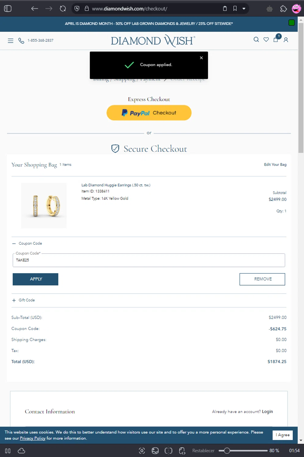 Diamond Wish promo code screenshot showing code TAKE25 applied at Diamond Wish checkout page. Uploaded by SimplyCodes community member kaiserser on Apr 16, 2025