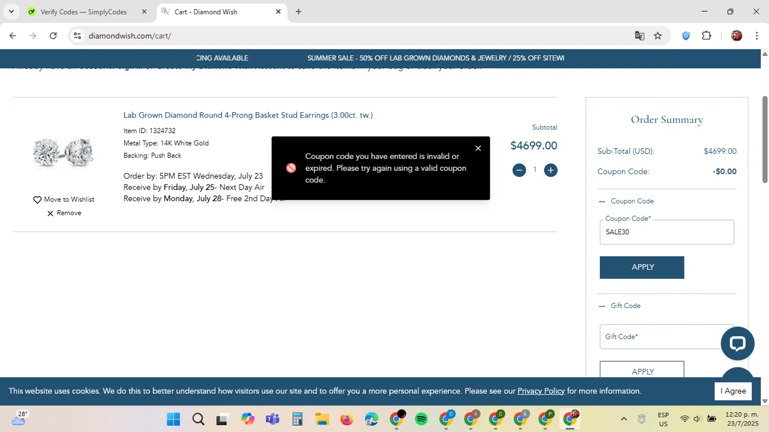 Diamond Wish promo code screenshot showing code SALE30 applied at Diamond Wish checkout page. Uploaded by SimplyCodes community member GloriousDefender7889 on Jul 23, 2025