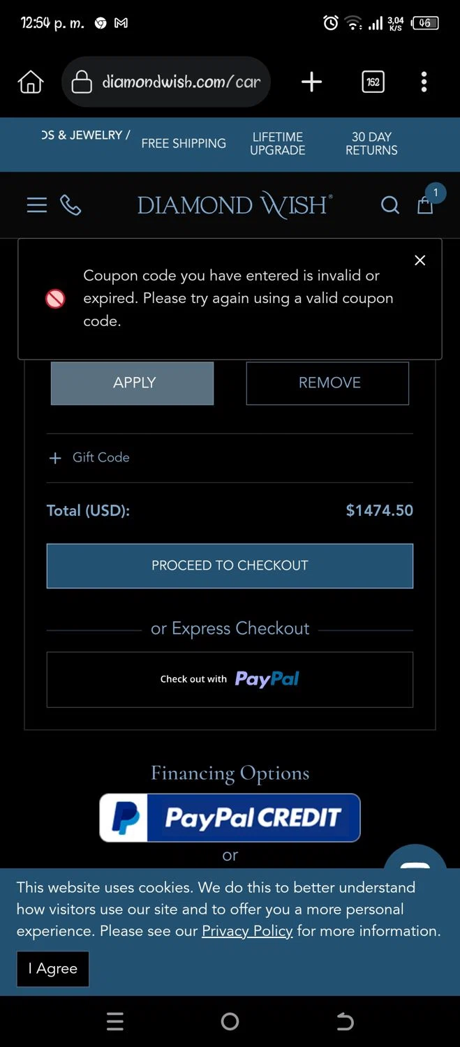 Diamond Wish promo code screenshot showing code SALE30 applied at Diamond Wish checkout page. Uploaded by SimplyCodes community member Pipina11 on Jul 23, 2025