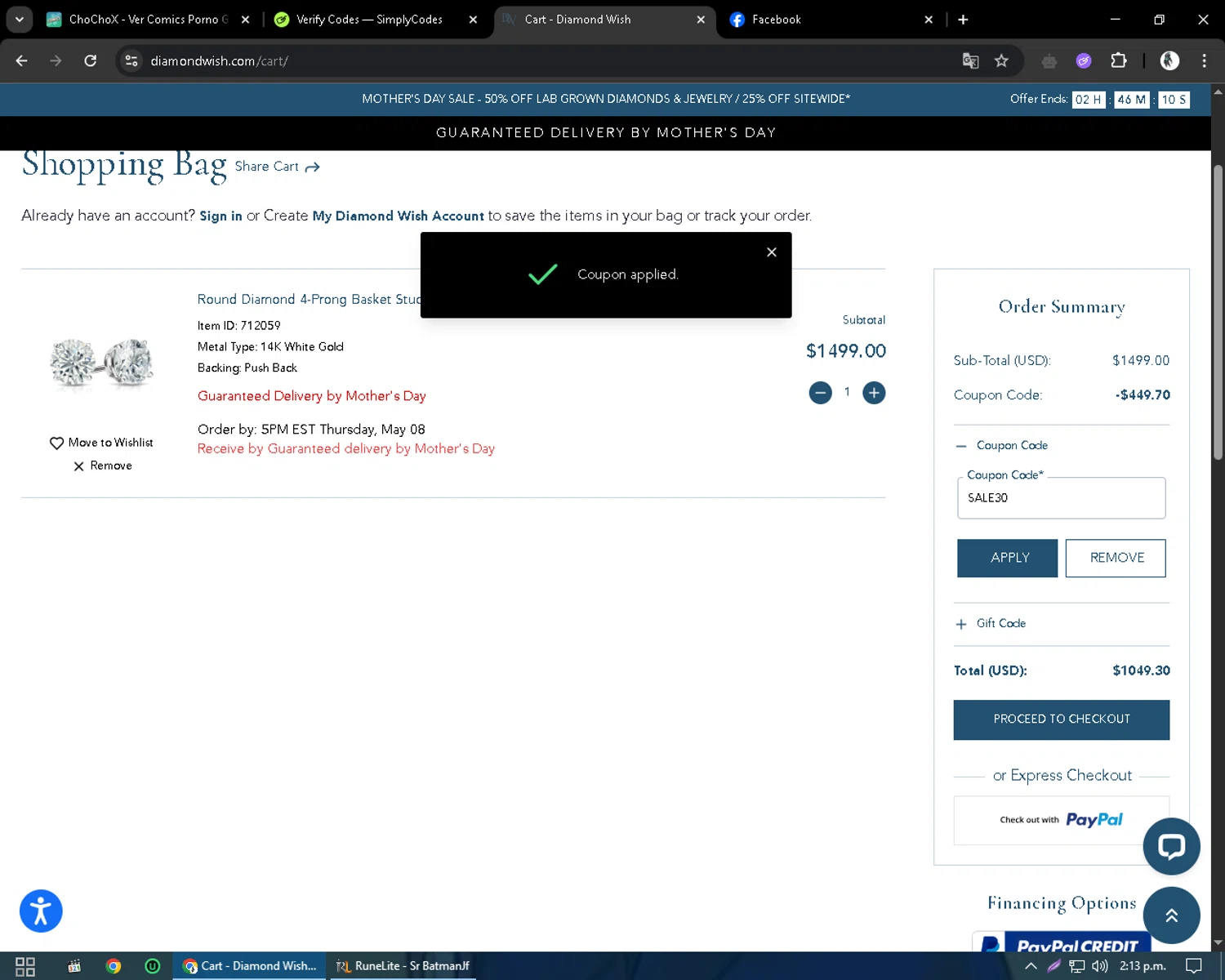 Diamond Wish checkout page showing Diamond Wish promo code box | Screenshot taken by SimplyCodes community member on May 8, 2025