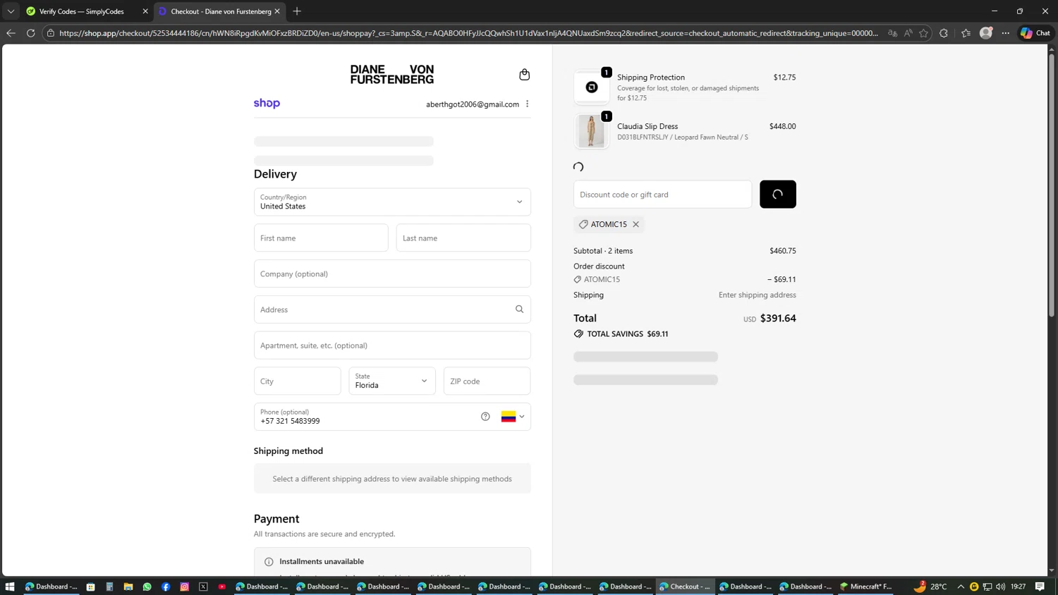 Diane von Furstenberg EU promo code screenshot showing code ATOMIC15 applied at Diane von Furstenberg EU checkout page. Uploaded by SimplyCodes community member SAKURA on Feb 12, 2026