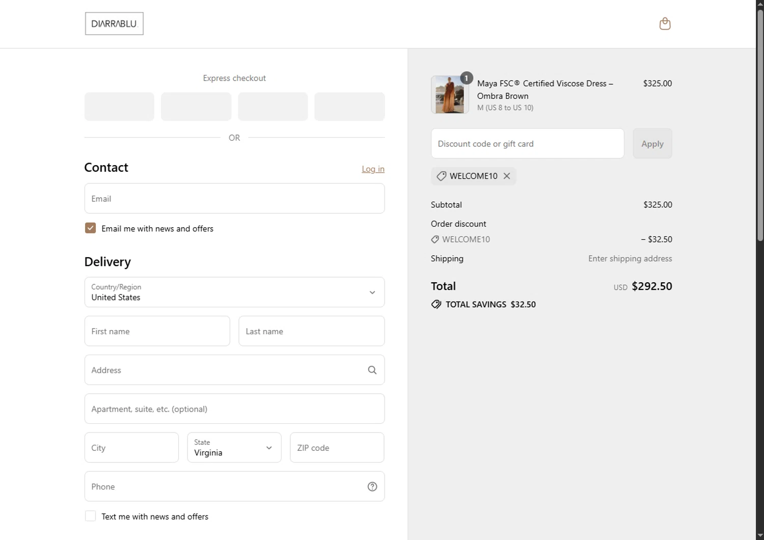 Diarrablu discount code screenshot showing code WELCOME10 applied at Diarrablu checkout page. Uploaded by SimplyCodes community member SwiftTracker8156 on Aug 20, 2025