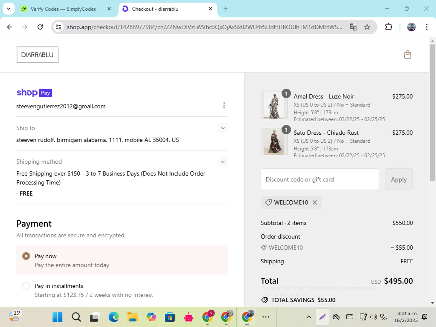 Diarrablu discount code screenshot showing code WELCOME10 applied at Diarrablu checkout page. Uploaded by SimplyCodes community member DiscountGenius6081 on Feb 16, 2025