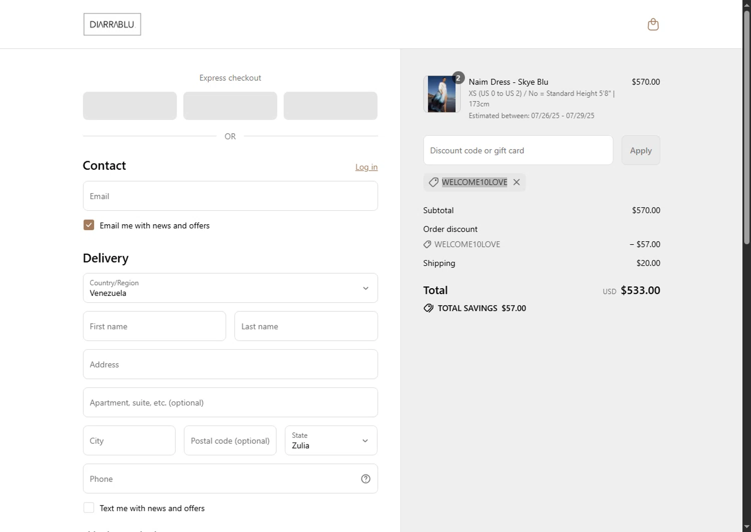 Diarrablu discount code screenshot showing code WELCOME10LOVE applied at Diarrablu checkout page. Uploaded by SimplyCodes community member Leannysv7lla on Jul 21, 2025