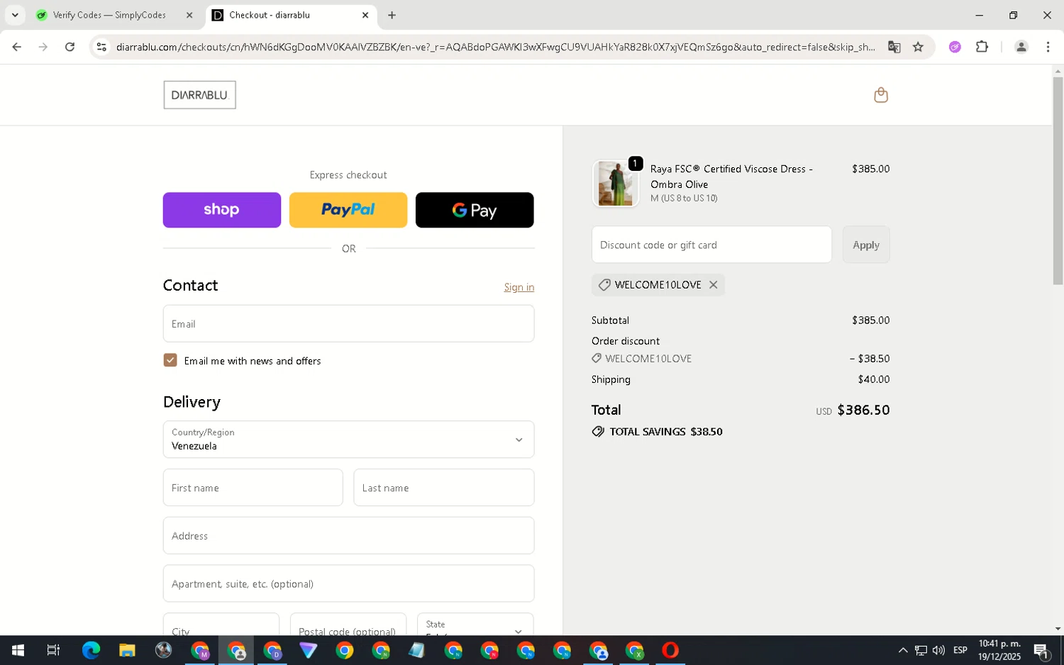 Diarrablu discount code screenshot showing code WELCOME10LOVE applied at Diarrablu checkout page. Uploaded by SimplyCodes community member ScanNavigator5190 on Dec 20, 2025
