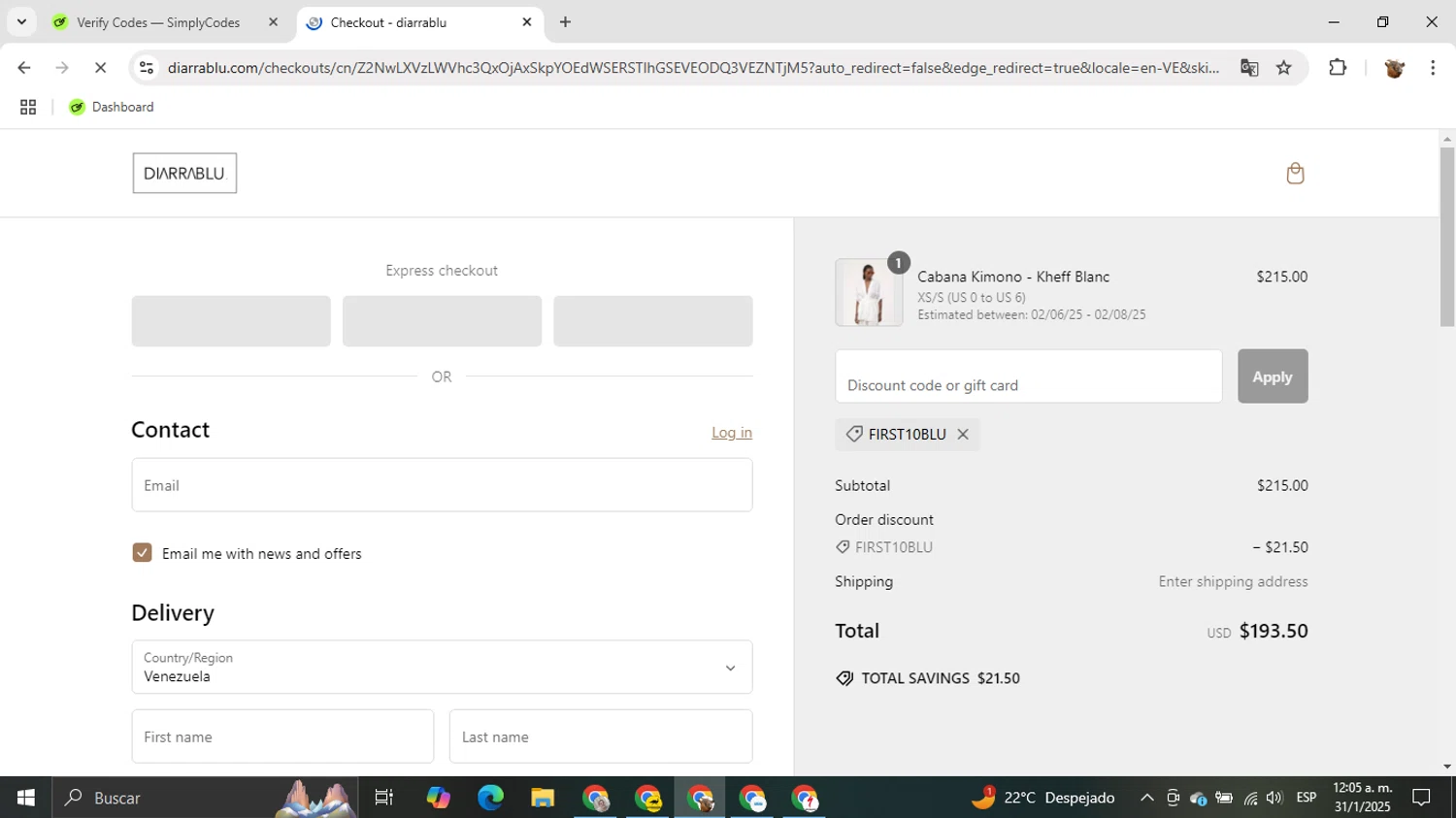 Diarrablu discount code screenshot showing code FIRST10BLU applied at Diarrablu checkout page. Uploaded by SimplyCodes community member ShrewdNavigator7649 on Jan 31, 2025