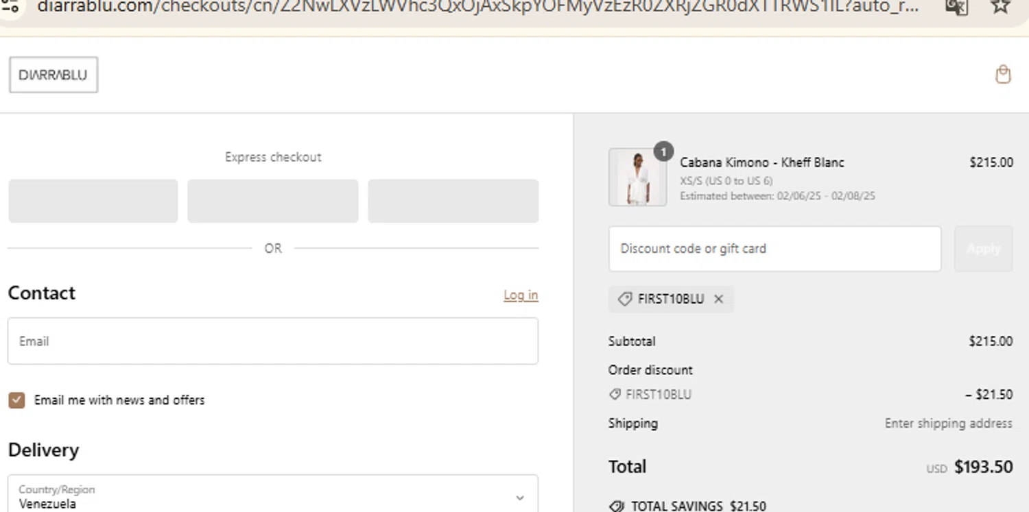 Diarrablu discount code screenshot showing code FIRST10BLU applied at Diarrablu checkout page. Uploaded by SimplyCodes community member RewardFinder4836 on Jan 31, 2025