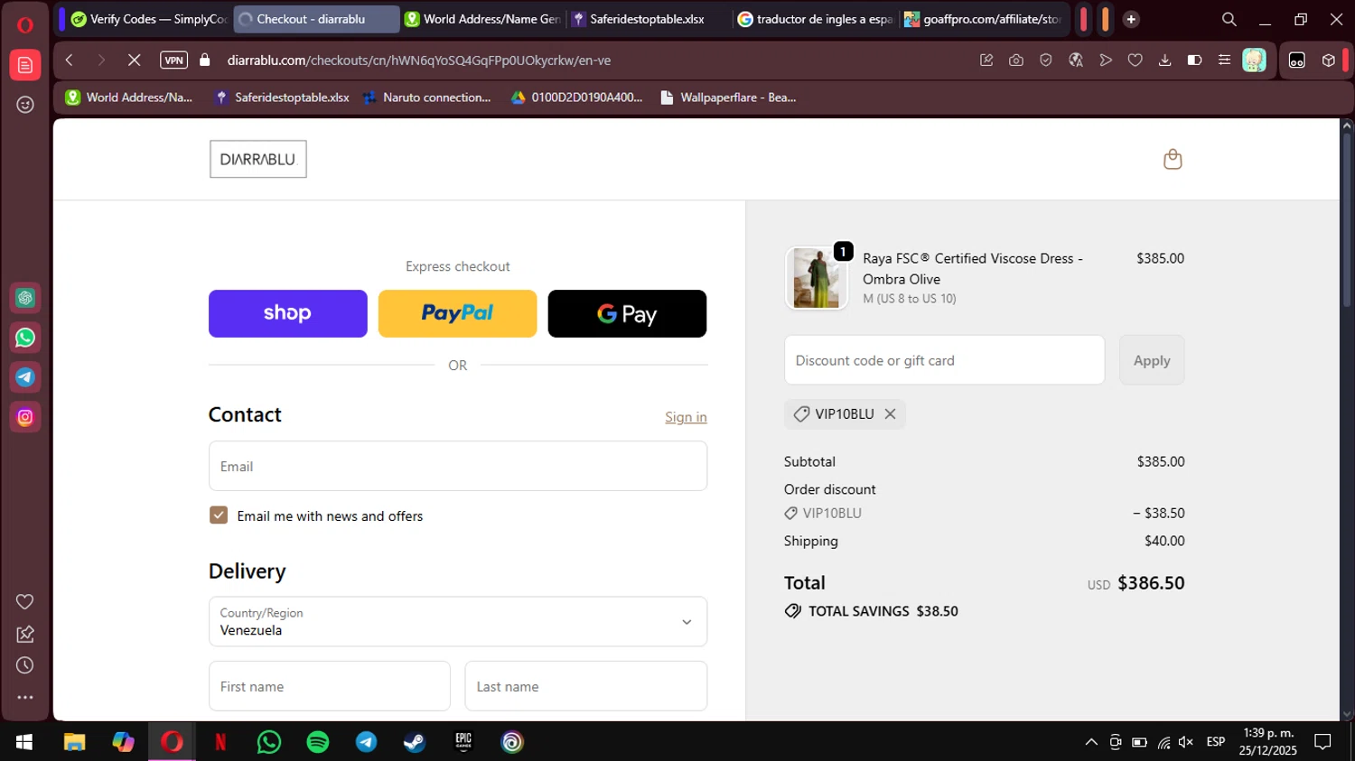 Diarrablu discount code screenshot showing code Vip10blu applied at Diarrablu checkout page. Uploaded by SimplyCodes community member MimusukyNara on Dec 25, 2025