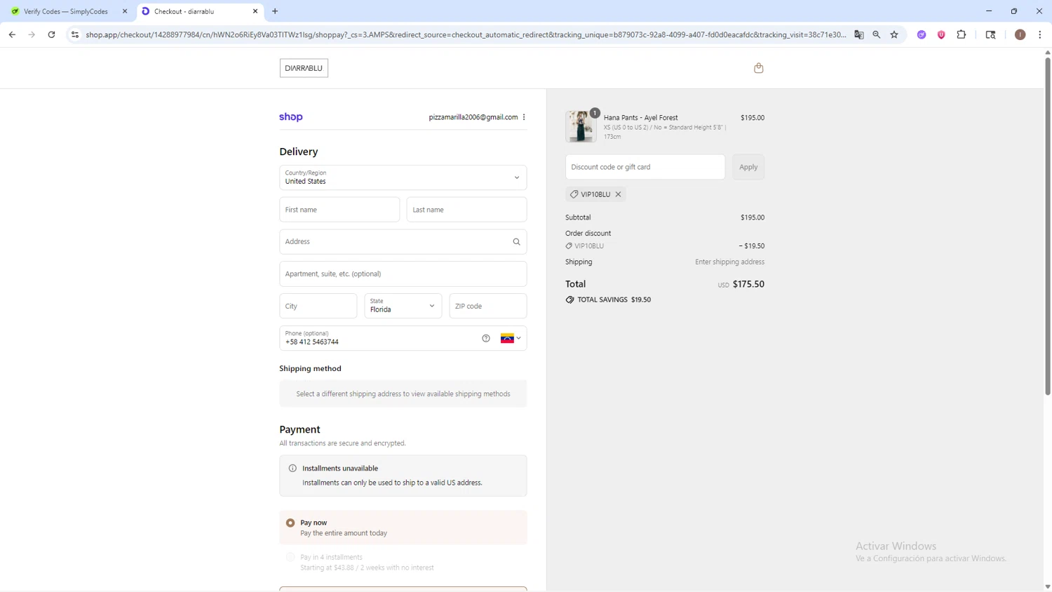 Diarrablu discount code screenshot showing code Vip10blu applied at Diarrablu checkout page. Uploaded by SimplyCodes community member pequenokalvin5 on Sep 10, 2025