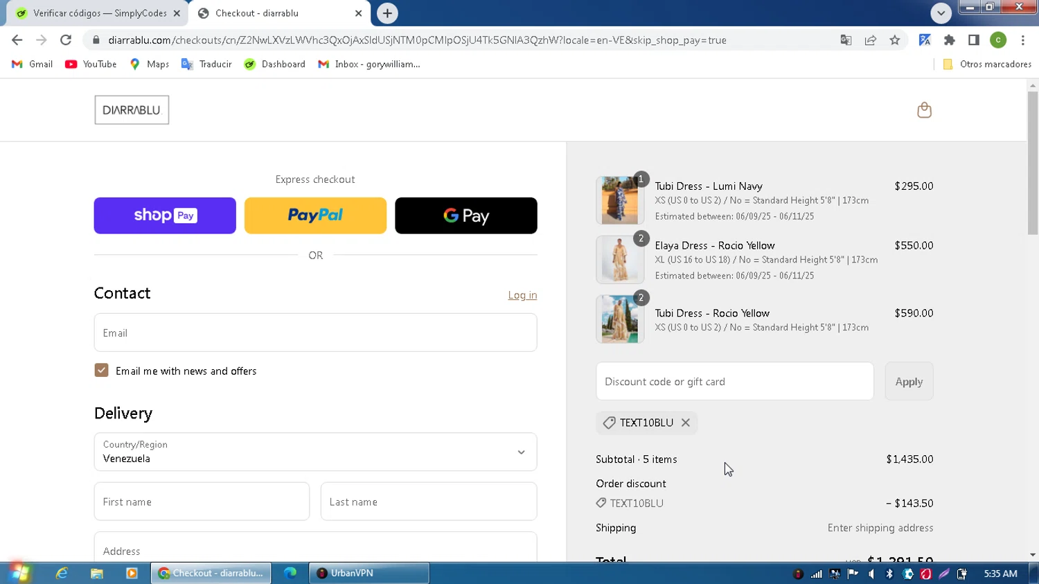 Diarrablu discount code screenshot showing code text10blu applied at Diarrablu checkout page. Uploaded by SimplyCodes community member MagnificentPilot8371 on Jun 3, 2025