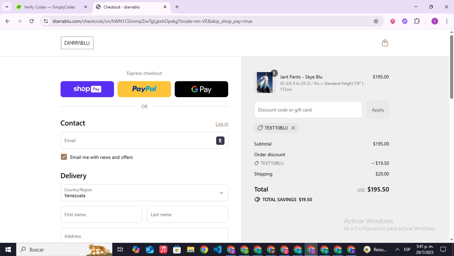 Diarrablu discount code screenshot showing code text10blu applied at Diarrablu checkout page. Uploaded by SimplyCodes community member RebateAce6764 on Jul 29, 2025
