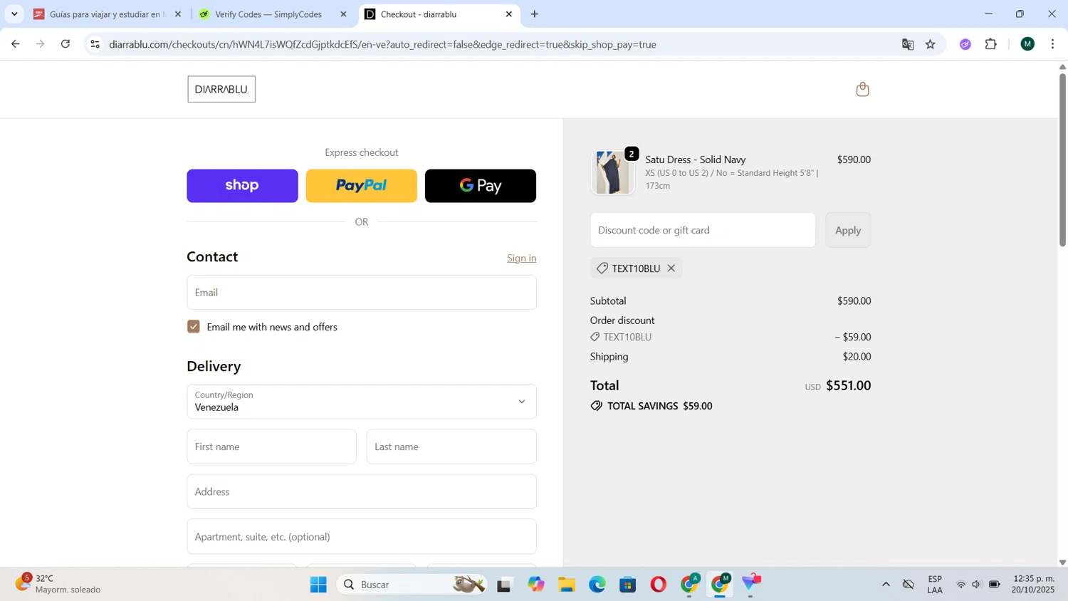 Diarrablu discount code screenshot showing code text10blu applied at Diarrablu checkout page. Uploaded by SimplyCodes community member Tortu_1 on Oct 20, 2025