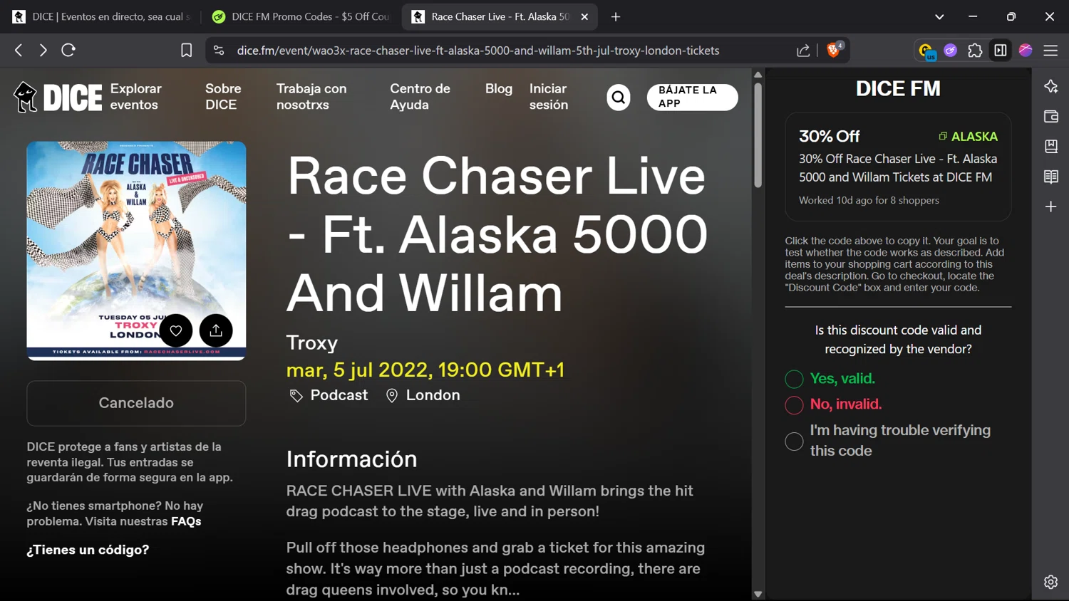 DICE FM discount code screenshot showing code ALASKA applied at DICE FM checkout page. Uploaded by SimplyCodes community member Elsuanfonson on May 14, 2025