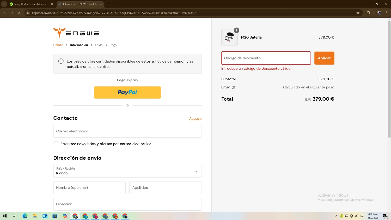 DICE FM checkout page showing DICE FM discount code box | Screenshot taken by SimplyCodes community member on Feb 18, 2025