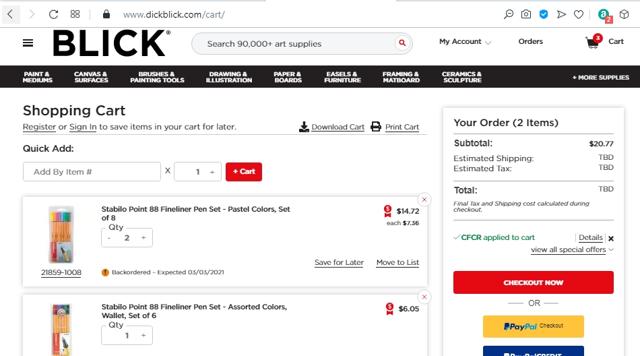 Blick checkout page showing Blick promo code box | Screenshot taken by SimplyCodes community member on Feb 1, 2021