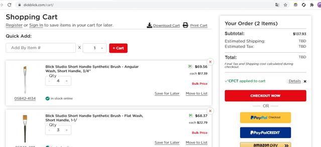 Blick checkout page showing Blick promo code box | Screenshot taken by SimplyCodes community member on Feb 22, 2021