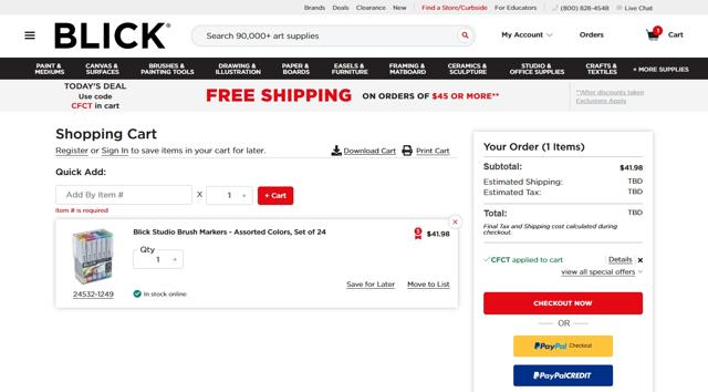 Blick checkout page showing Blick promo code box | Screenshot taken by SimplyCodes community member on Feb 8, 2021