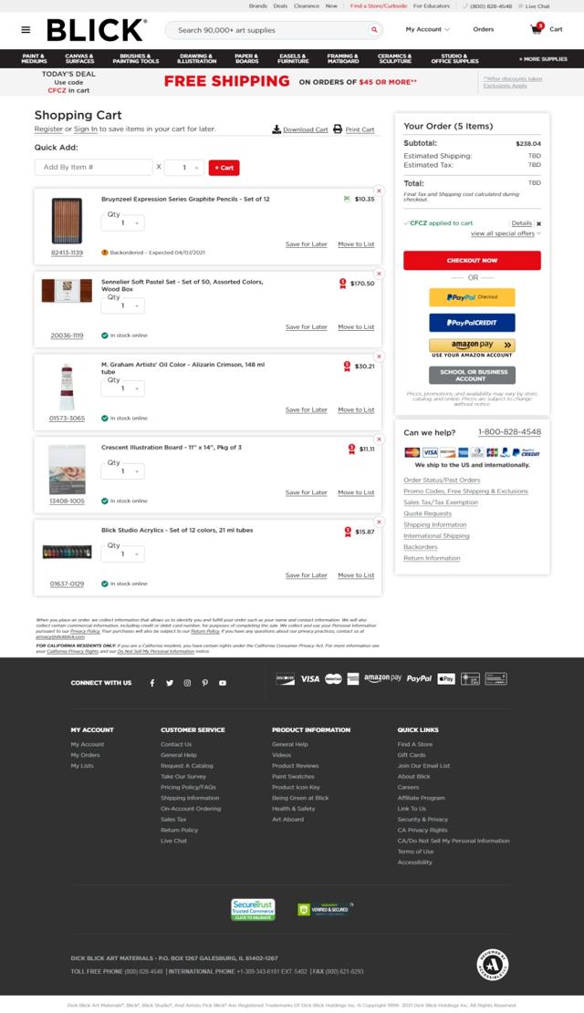 Blick checkout page showing Blick promo code box | Screenshot taken by SimplyCodes community member on Mar 8, 2021