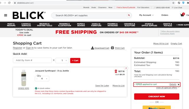 Blick checkout page showing Blick promo code box | Screenshot taken by SimplyCodes community member on Mar 23, 2021