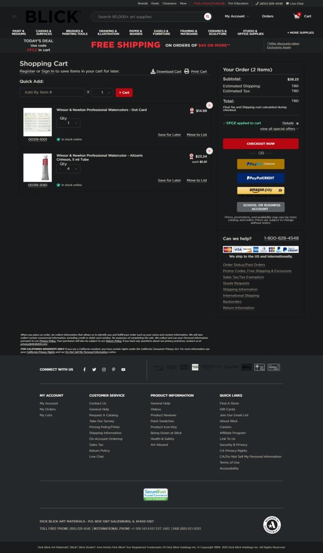 Blick checkout page showing Blick promo code box | Screenshot taken by SimplyCodes community member on Mar 8, 2021
