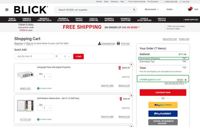 Blick checkout page showing Blick promo code box | Screenshot taken by SimplyCodes community member on Jun 10, 2021