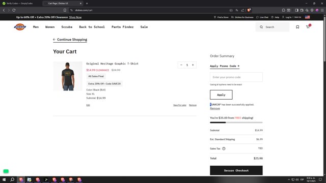 Dickies checkout page showing Dickies promo code box | Screenshot taken by SimplyCodes community member on Jul 19, 2025