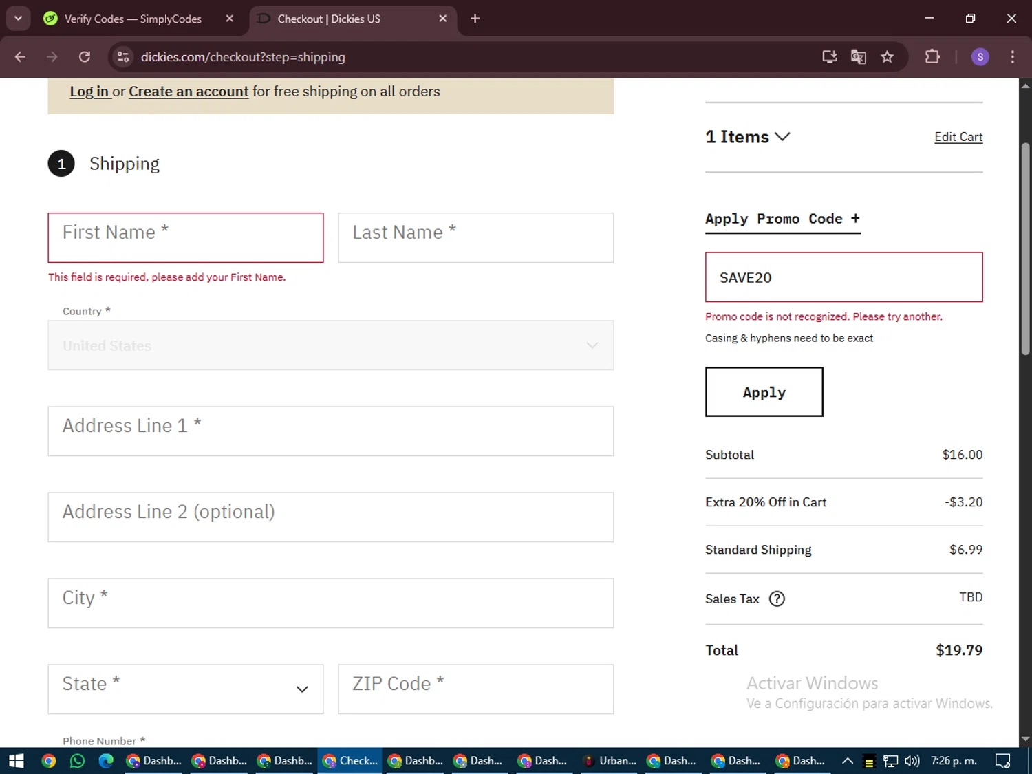 Dickies promo code screenshot showing code SAVE20 applied at Dickies checkout page. Uploaded by SimplyCodes community member LuckyVoyager688 on Jul 24, 2025
