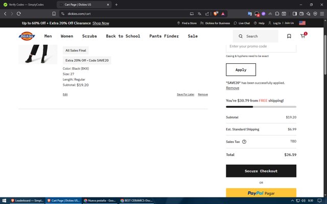 Dickies checkout page showing Dickies promo code box | Screenshot taken by SimplyCodes community member on Jul 19, 2025